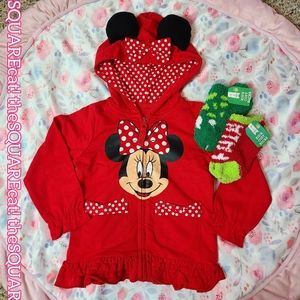 2T bundle ♥ mini mouse zipper hoodie w/ pockets & 2 pairs of fuzzy holiday socks